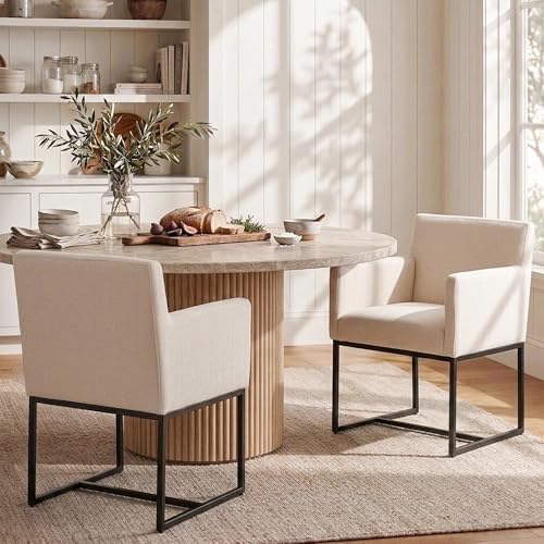 Image of HNY Mid Century Modern Upholstered Dining Chairs with Arms Set of 2, Linen Accent Black Finish Metal Frame, 19'' Wide Arm for Living Room Kitchen Bedroom, Cream, Cream-linen-black Frame