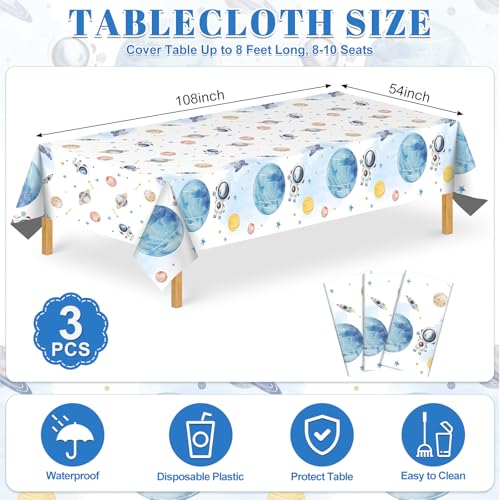 Image of NatNarr 3 Pack First Trip Around The Sun Space Tablecloths, 54 x 108 Inch | PE plastic, fits most 8-10 seat tables, wipe-clean or disposable, for 1st birthday, baby shower, space parties