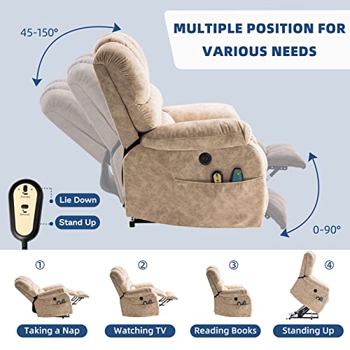Socialcomfy Large Electric Power Lift Recliner Chair For Elderly Big People, Heated Massage Motorized Reclining Sofa, Wide Soft Fabric Recliners With 2 Remote Controls, Side Pockets & Usb Ports, Beige #TOP3