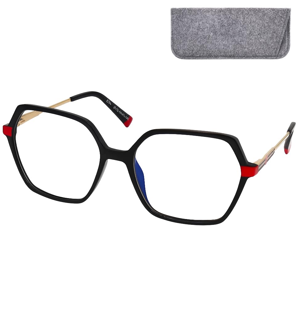 Mini Brille Women's Black - Modern Reading Glasses With Light Plastic Frame And Metal Temples (Black) And Large Hexagonal Scratch-Resistant Lenses, Case Included, Specs Oversize + 1.50 Magnification