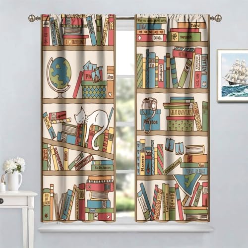 Bookshelf Cat Blackout Curtains, Boho Style Cartoon Fun Nerd Book Kitty Sleeping Over Bookshelf Library Prints Rod Pocket Window Treatments Drapes for Bedroom Living Room63x63in