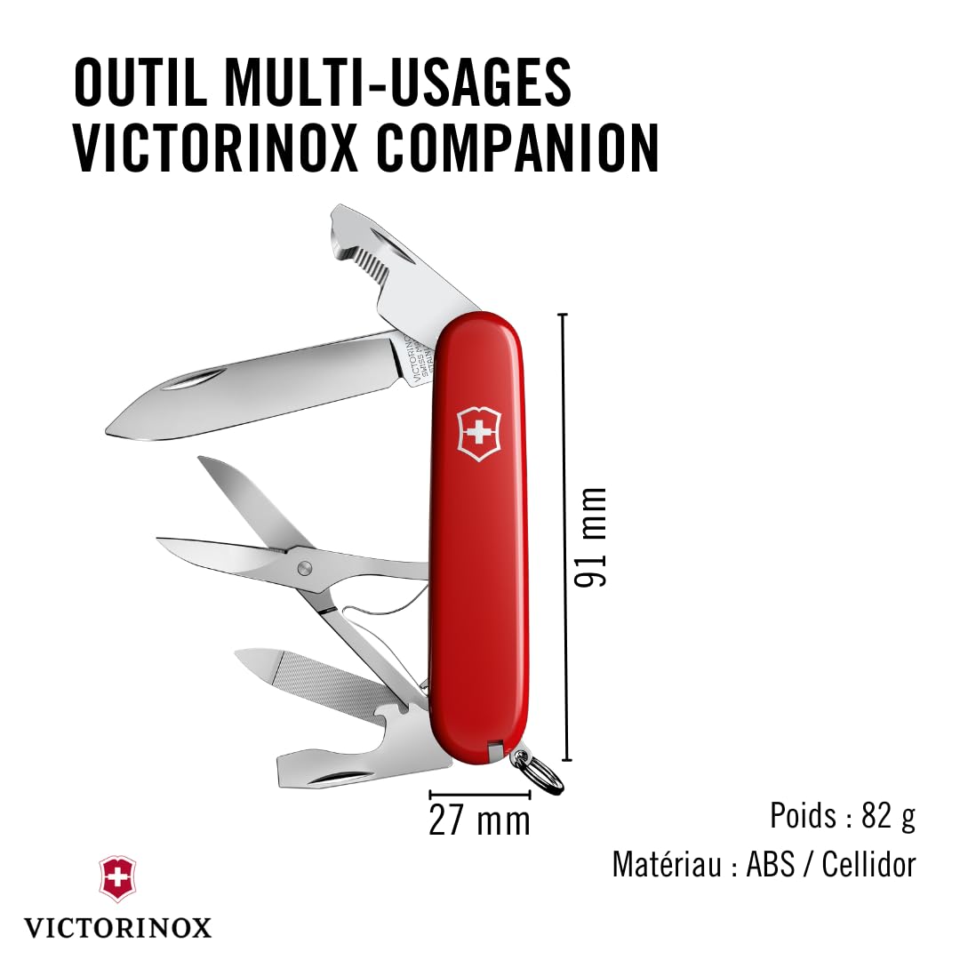 Victorinox Couteau de Poche Companion, 16 Fonctions, Outil Multifonction, Outil de Poche, y c. Ciseaux, Tournevis, Stylo à Bille, Swiss Made, Rouge