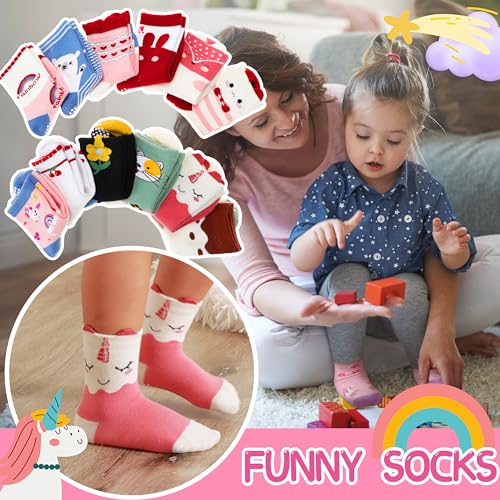 Image of Welwoos Baby Girls Toddlers Grips Socks 12 Pairs Kids Anti Slip Non Skid Animal Funny Cartoon Crew Breathable Cotton Socks