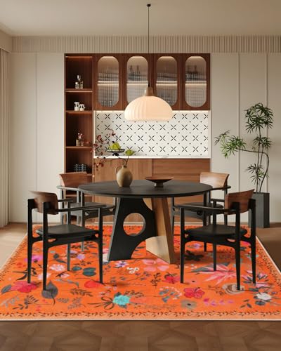 CRYPTOLITE Boho Washable Area Rug 5x7 – Floral Low Pile Non-Slip Carpet for Living Room, Bedroom, Office, Playroom, Entryway, Kitchen, Dining Room (Orange)
