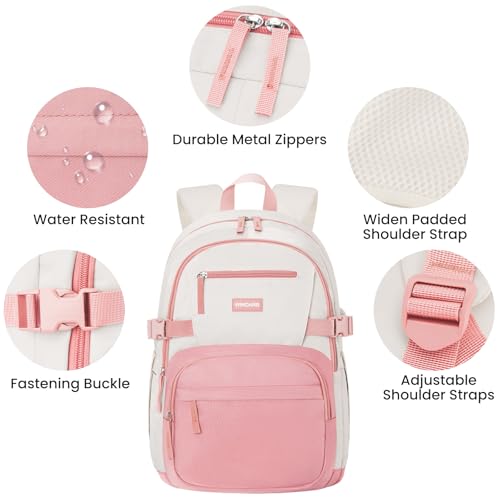 Image of WINDARS Backpack for School Girls, Cute High School Backpacks for Teens Women Student Large Bookbag 15.6 Inch Laptop Bag with USB Charger Port for College Work Travel Trip (Pink Beige)