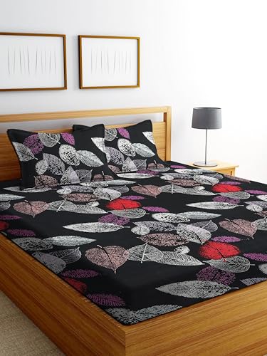 Image of DECORUM Glace Cotton Fitted 1 Bedsheet King Size (72 inchx78 inch) | All Around Elastic | Cotton Feel | 2 Pillow Covers (17 inchx27 inch) | Fits Up to 8 inch Mattress | 200-220 TC | Printed Double Bed Sheet Set