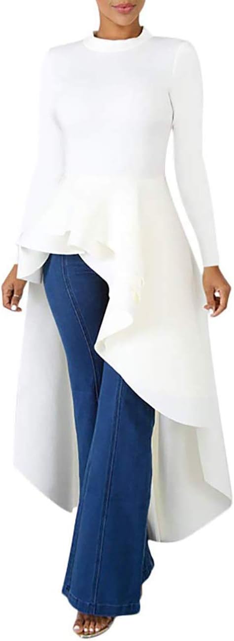 Lrady Women Ruffle High Low Asymmetrical Long Sleeve Peplum Tops Blouse Shirt Dress