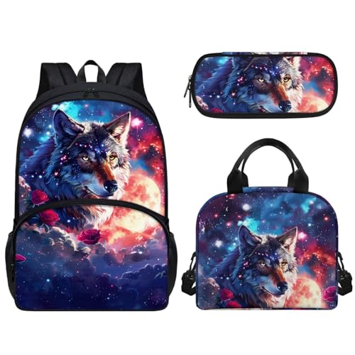 Set di 3 borse per la scuola per bambini e ragazze grande capacità con cerniera a spalla contenitore per il pranzo a tenuta stagna portapranzo Galaxy Wolf