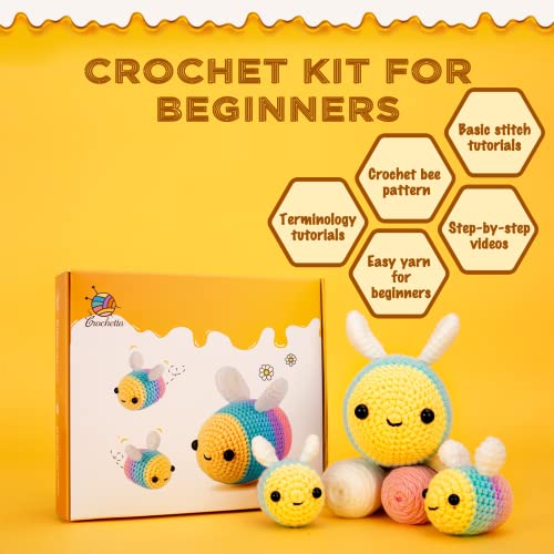 Image of Crochetta Crochet Kit for Beginners, Beginner Crochet Starter Kit w Step-by-Step Video Tutorials, Learn to Crochet Kits for Adults Women Men, DIY Knitting Supplies (Yellow bee)