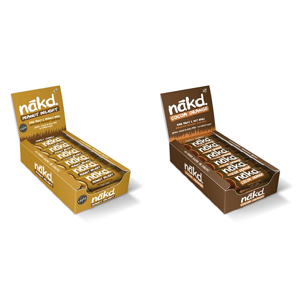 NakdPeanut Delight Natural Fruit & Nut Bars - Vegan Bars - Gluten Free - 35 g (Pack of 18) & Cocoa Orange Natural Snack Bars - Vegan Bars - Healthy Snack - Gluten Free Bars 35 g (Pack of 18)