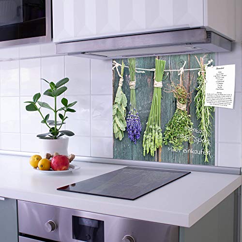 banjado Küchenrückwand Glas ohne Bohren 50x50cm – Glasrückwand Küche mit Motiv Acht Kräuter/Spritzschutz Küchenrückwand Glas/selbstklebende Küchenrückwand Platte - magnetisch & beschreibbar