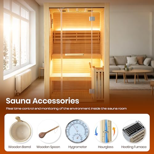 Image of OUTEXER Steam Sauna Traditional Saunas Home Spa Room for 2-3 Person Wet Indoor Saunas 7 Color LED Lights with 240V 3KW Heater, Sauna Stone, Wooden Bucket, Spoon, Thermometer, Hourglass, Cup Holder