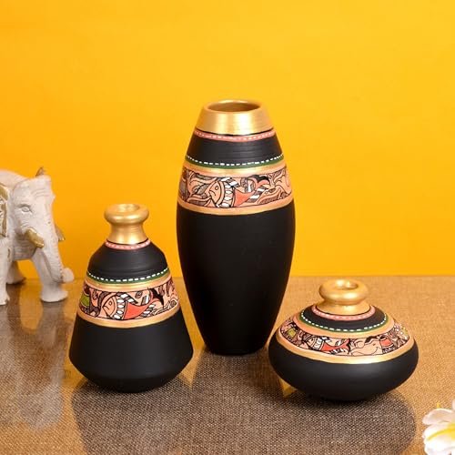 Image of Aakriti Art Creations Vase Earthen Black Madhubani Set of 3 | Handmade Terracotta Flower Vases | Matte Finish Madhubani Art Decorative Vases for Living Room, Table Decor & Gifting