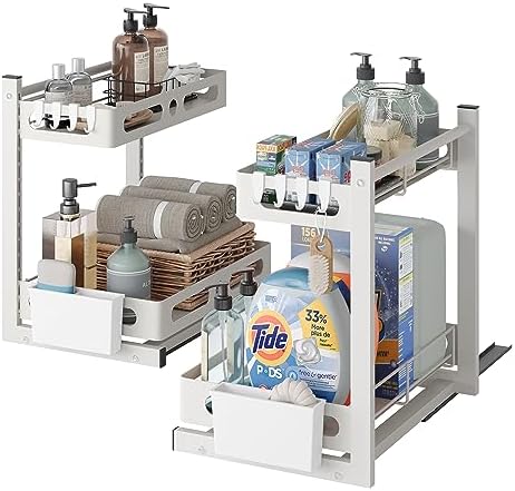 Organisateur Sous Évier 2 Niveaux Gris Métal – Rangement Coulissant Cuisine 35,5×26×45 Cm – QHENS