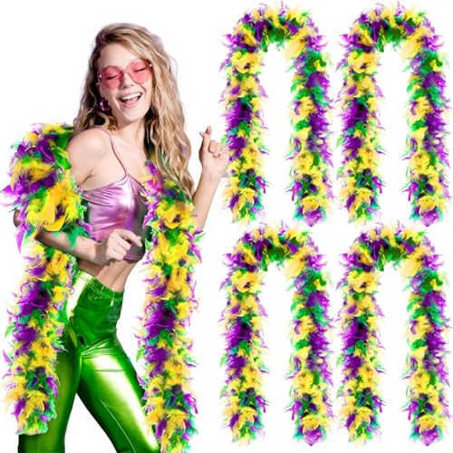 Jansun 4 PCS Mardi for Gras Feather Boa Each 45 Gram 6 Feet Long Yellow Purple Green Boa Feathers Bulk Mardi for Gras Accessories for Women Men Costume Dress Up Mardi for Gras Party Decorations