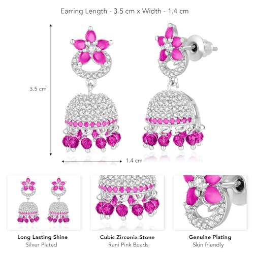 Peora Cubic Zirconia & Beads Studded Silver Plated Jhumki Earrings Ethnic Jewellery for Women & Girls - Image 4