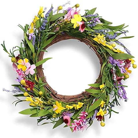 PONATIA Daisy Flowers Wreath- 18 Inch Artificial Door Wreath / Spring Wreath / Lavender Summer Wreath with Natural Vine for Home Decor, Festival Celebration, Front Door, Window Decoration Cover
