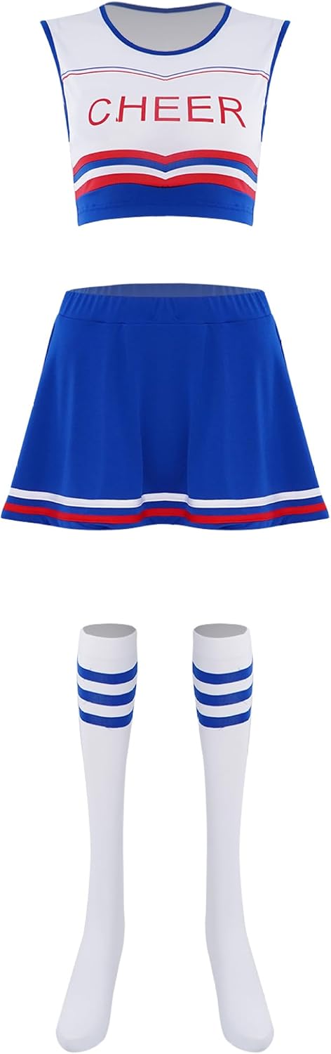 Women Cheer Leader Dance Outfits Sports Vest Letter Print Crop Top And Pleated Skirt Carnival Set Blue Small
