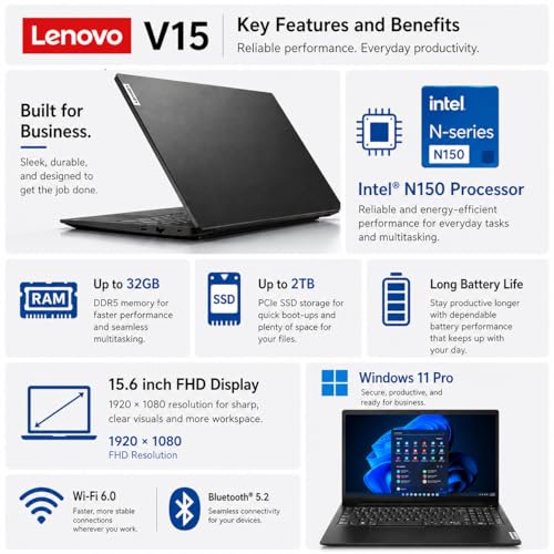 Image of Lenovo V15 Business Laptop 2026 Edition, Intel N150 Quad-Core Processor, 15.6 inch FHD Display, 16GB DDR5 RAM, 256GB NVMe SSD, Wi-Fi 6, Ethernet RJ-45, Dolby Audio, Windows 11 Pro