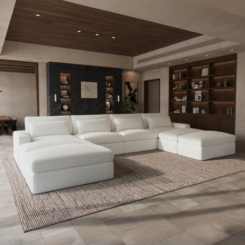 Image of Novilla 181 inch Deep Seat Modular Sectional Sofa, Removable Washable Covers, U Shape 8 Seater Cloud Couch with Lumbar Pillows, Chenille Boneless Sectional Couch Beige, No Assembly Required