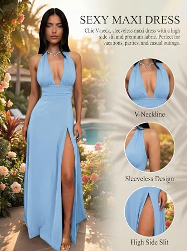 Image of Ekaliy Womens Sexy Halter Deep V Neck Maxi Dress Sleeveless Backless Split Long Dress