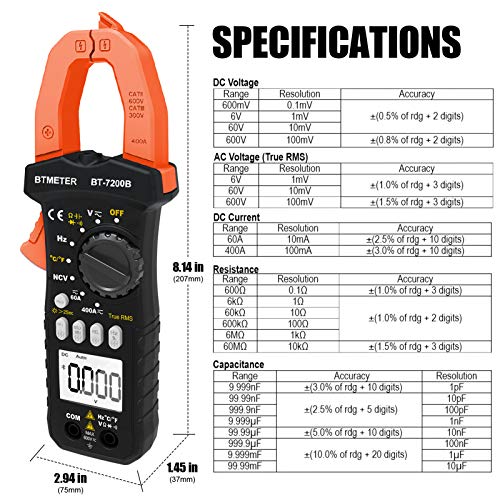 Btmeter Bt-7200B Trms 6000 Counts Clamp Multimeter, Digital Clamp-On Ammeter For Ac/Dc Current Voltage Resistance Capacitor Frequency Continuity Temperature Ncv #TOP5