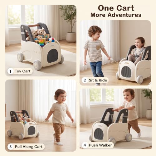 Image of Baybee 4 in 1 Push Walker & Shopping Cart with Ride-On & Pull Along Modes | Toy Storage Organizer, Removable Food Tray, Wide Space, Seat Belt, Stable Wheels & Smooth Edges | Walking Support for Kids 0 - 3 Years (Black & White)