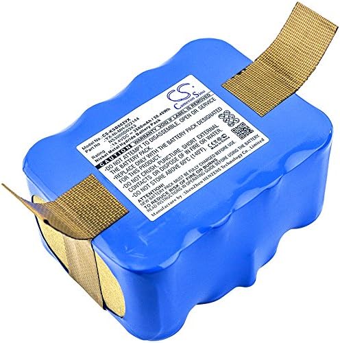 Top view of the DCH RB201 replacement battery showing the product label with model number, rating, and safety warnings.