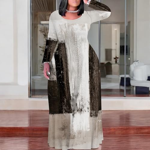 Image of PinkPatty Plus Size Maxi Dress for Curvy Women Crew Neck Long Sleeves Casual Dress Vacation Sundresses with Pockets