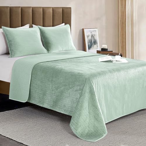 Elegant Comfort Luxury 3-Piece Velvet Corduroy Stripe Quilt Set, Ultra Soft Bedspread - Cozy Velvet Coverlet Set - 3PC Medium Weight Quilted Set with Matching Pillow Shams, King, Smoke Green