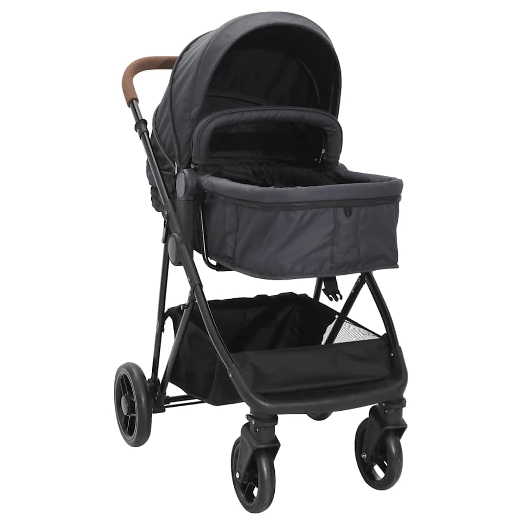2-in-1 Kinderwagen Buggy Anthrazit Schwarz Stahl Kombi mit Liegefunktion und verstellbarem Sitz klappbar für Stadt, Reise, Urlaub mit Sonnendach und Stauraum