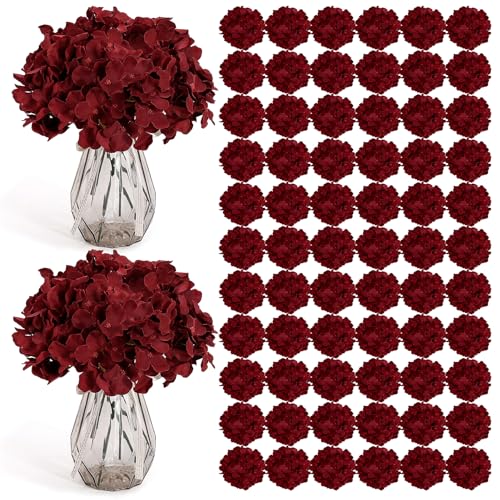 Auihiay 104 PCS Burgundy Hydrangea Artificial Flowers Silk Hydrangea Heads with Stems Fake Flowers for DIY Wedding Centerpiece Baby Shower Home Party Garden Decoration (Burgundy)