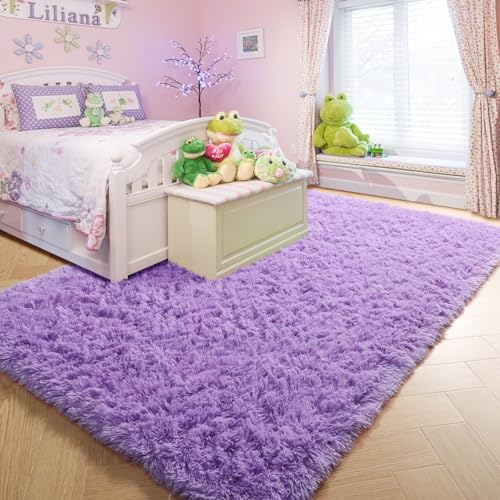 Light Purple Rugs for Bedroom Girls Room Decor Aesthetic, Cute Fluffy Shag Lavender Area Rug 4x6 for Living Room Dorm Classroom Nursery, Furry Plush Fuzzy Soft Throw Lilac Carpet for Kids, Baby, Teen