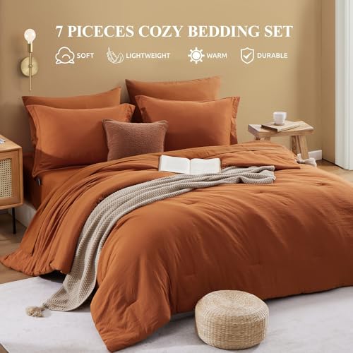 Image of Super King Plus Size Comforter Set- 7 Pieces Bed in a Bag King Bedding Sets | Prewashed All Season Comforter with Sheets, Pillow Shams & Pillowcases,Burnt Orange
