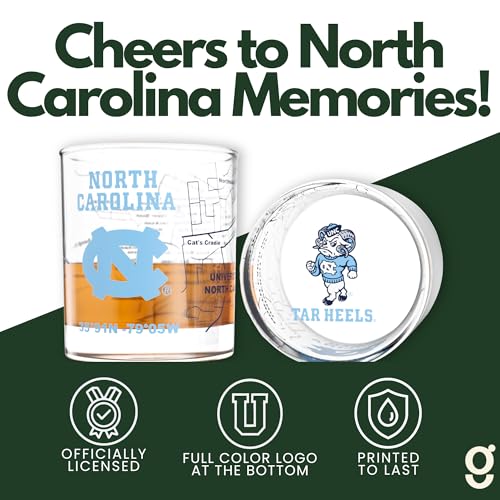 Image of Greenline Goods University of North Carolina Tar Heels Whiskey Glasses Set of 2, 10 oz Rocks Glasses with Full-Color Logo & Campus Map - Officially Licensed Bourbon Glass Gift for Alumni & Fans