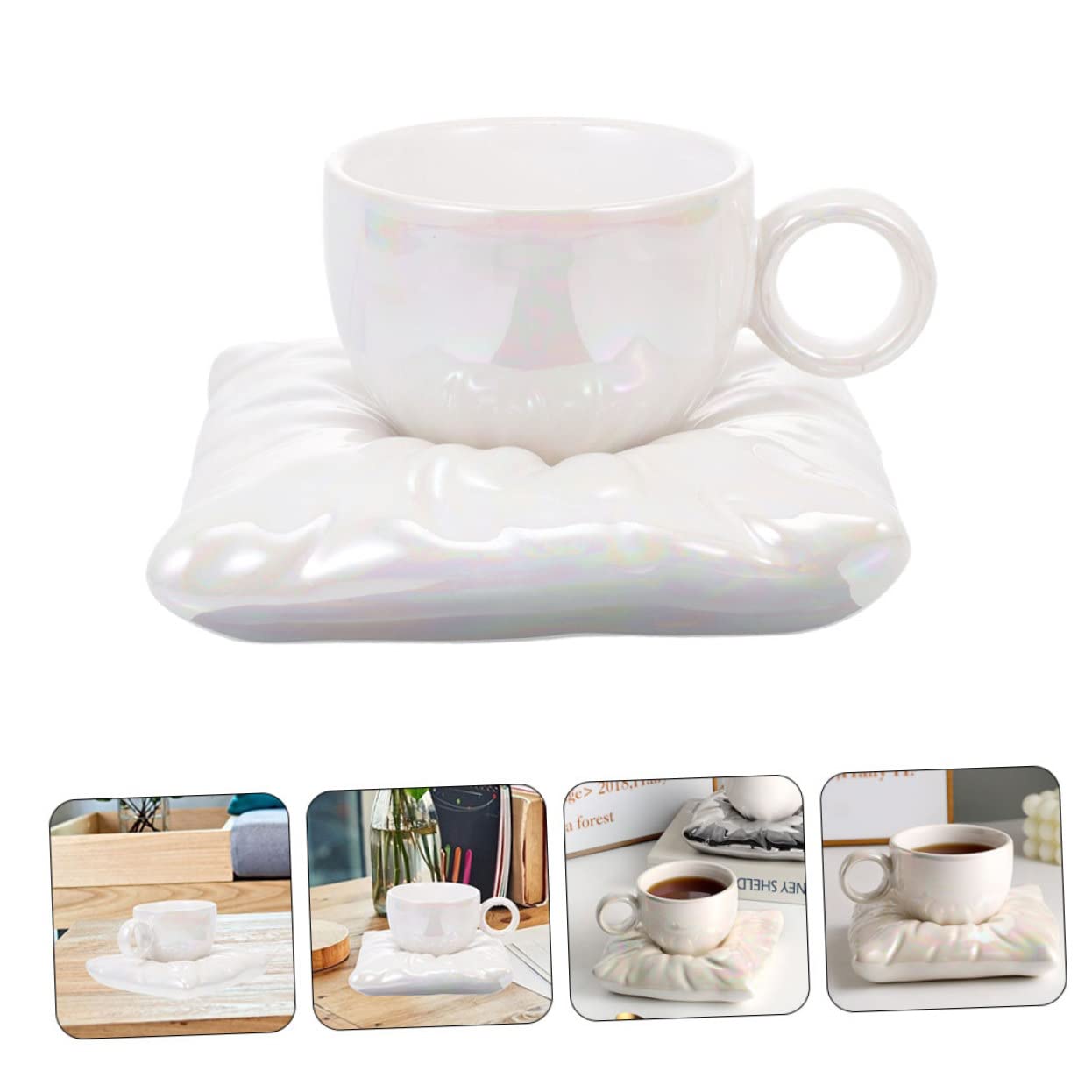 Mikinona Kaffeetasse 200ml aus Keramik mit Kissenförmigem Untersetzer | Weiß, Schlichtes Design mit Schönen Linien, für Tägliche Nutzung und Entspannung