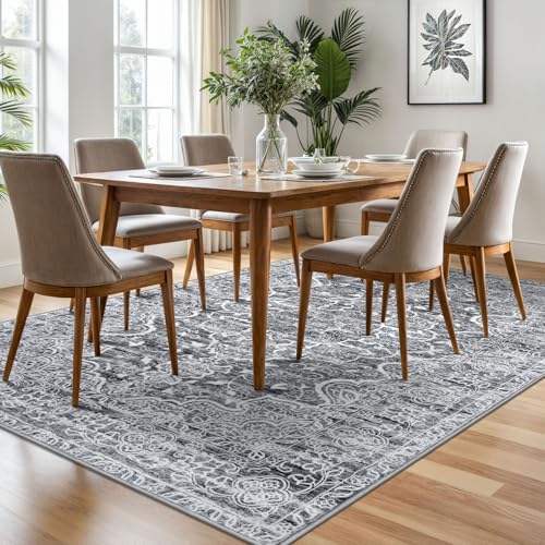 KUTA Living Room Rug 6x9 Grey White, Vintage Washable Large Area Rugs 6ft x 9ft, Non-Slip Boho Printed Dining Room Carpet, Indoor Low-Pile Cozy Room Throw for Office Bedroom