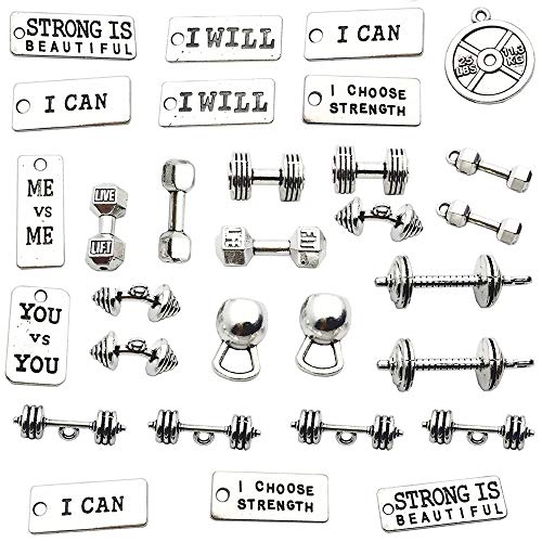 30PCS Sports Charms,Barbell Dumbbell Kettle-Bell Weight Plate Weightlifting Bodybuilding Fitness Charms Pendents for DIY Bracelet Necklace Jewelry Making Findings (CFM039)