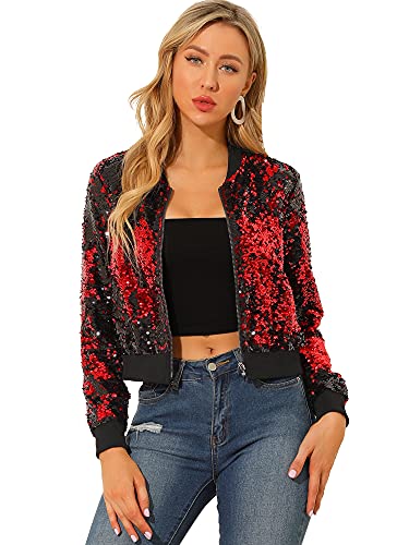 Allegra K Women Sequin Bomber Jackets Halloween Sparkly Long Sleeve Zip Front Shiny Cropped Jacket Glitter Party Disco Outfit Small Red