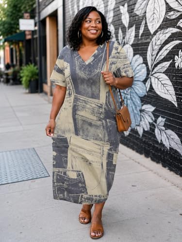 Image of Plus Size Maxi Dress for Women Short Sleeve V Neck Casual Loose Sundress with Pockets