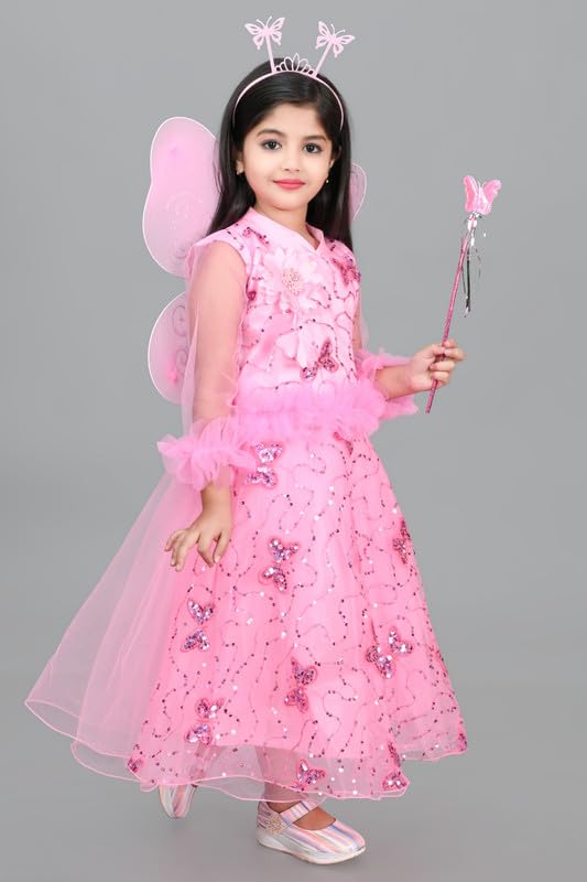Image of Zenat Girls Kids Net Regular Fit Knee Length Sweet Angel Frock Dress (Pink 3-4 Years)