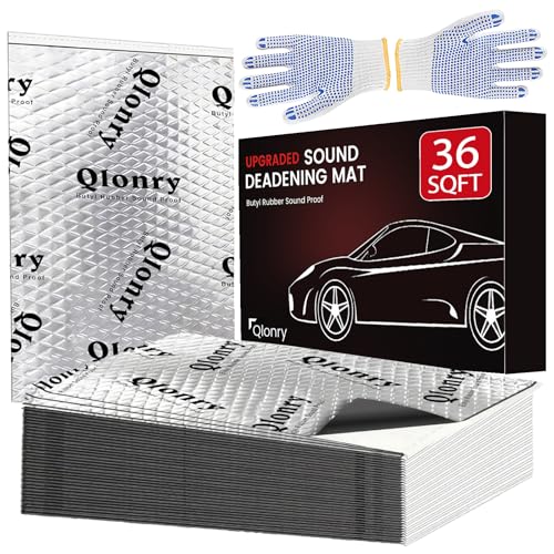 Qlonry Upgrade Car Sound Deadening Mat, 14 Pcs 80mil (2mm) 36 sqft (3.36 sqm) Butyl Automotive Sound Deadener, Noise Insulation and Vibration Dampening Material with Silicone Raised Gloves
