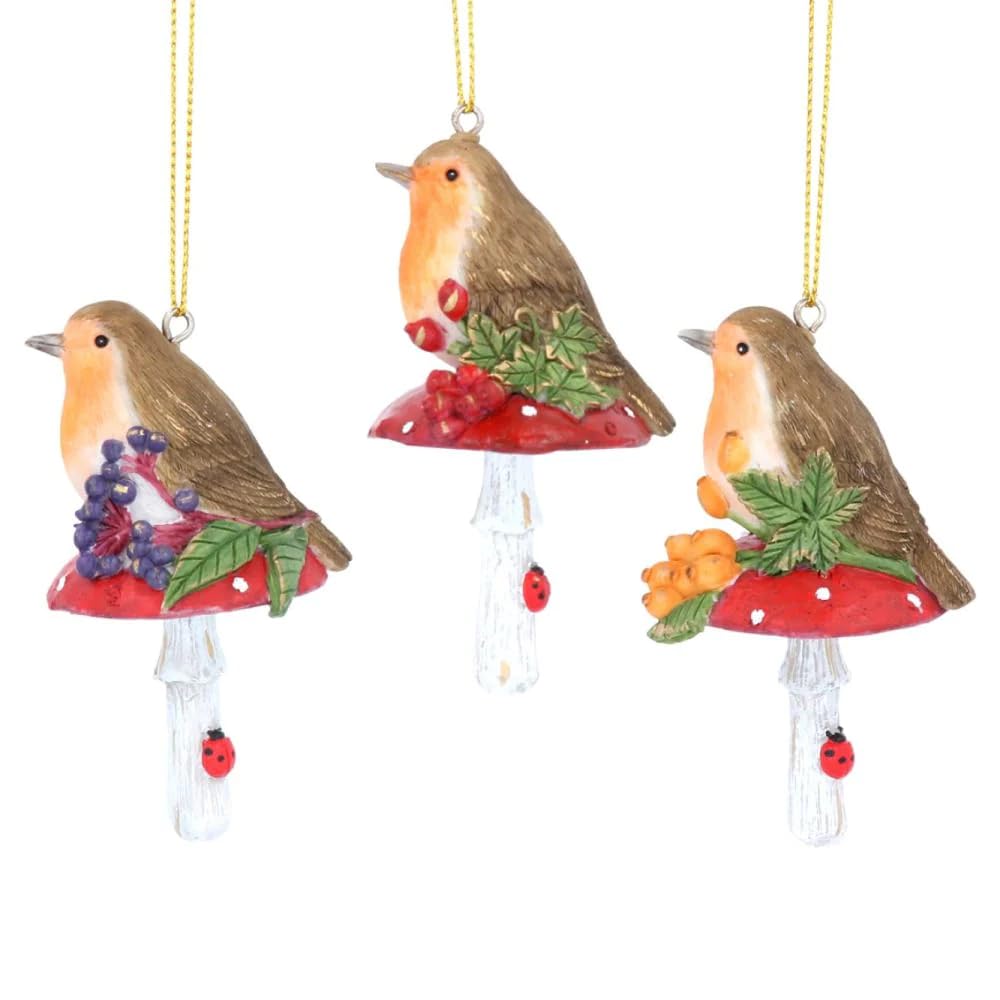 Set of three robin on toadstool hanging christmas decorations by gisela graham