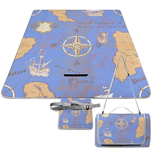 Vintage Nautical Pattern Picnic Blanket Waterproof Foldable, Large Outdoor Picnic Blanket Beach Blankets Camping Blanket Travel Mat, Shoulder Strap Tote, Rectangle 58x58in