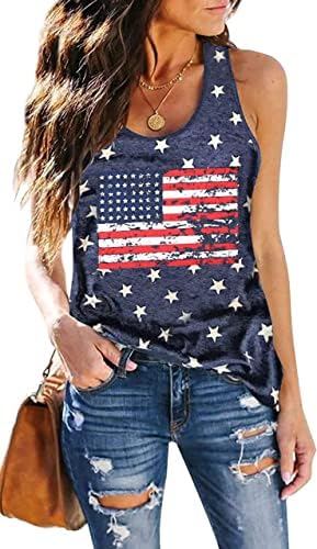 HEBBE Women American Flag Tanks Top Independence Day Sleeveless Shirt USA Stars Stripes Patriotic Tees Summer America Vest