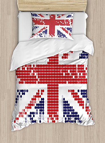 Ambesonne British Duvet Cover Set, Grunge United Kingdom Flag with Dot Circle Effects National English Display, Decorative 2 Piece Bedding Set with 1 Pillow Sham, Twin Size, White Red Indigo