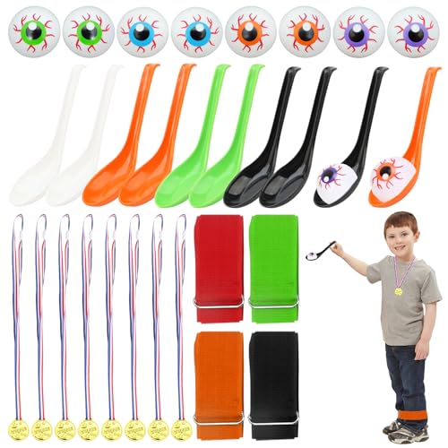 DOWNDRIFT Juego de 28 piezas de Halloween para niños, globos oculares y cucharas, juego de carreras al aire libre, accesorios de fiesta para niños, adultos, Halloween, juegos de fiesta, juegos al aire