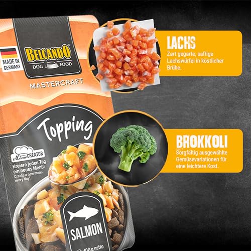 BELCANDO MASTERCRAFT Topping Lachs, 12x 100g Beutel, Nassfutter für Hunde, getreidefrei, sortenfrei, Ergänzungsfutter, Made in Germany
