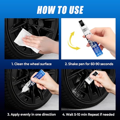 Image of Matte Black Rim Touch Up Paint, 2-in-1 Brush & Tip, 0.4 fl oz - Universal Black Rim Curb Rash Repair Kit for Scratches, Scuffs Alloy /Metal Wheels, OEM Color Match, Quick-Dry & Long-Lasting