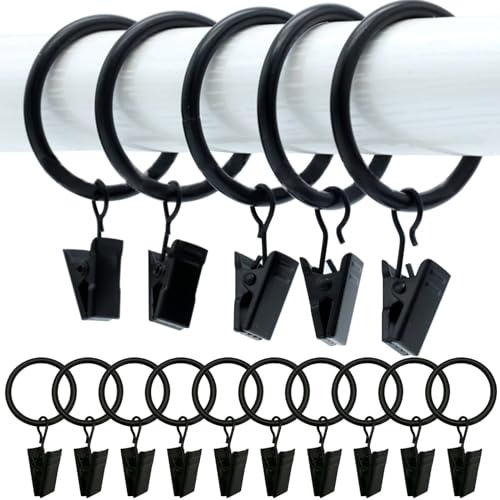 BetterJonny 50pcs Strong Metal Curtain Rings with Clips, 32mm Internal Diameter, Black